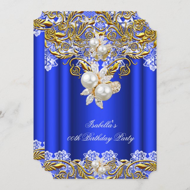 Invitación Royal Blue Gold Pearl Elegant Birthday Party 2 (Anverso / Reverso)