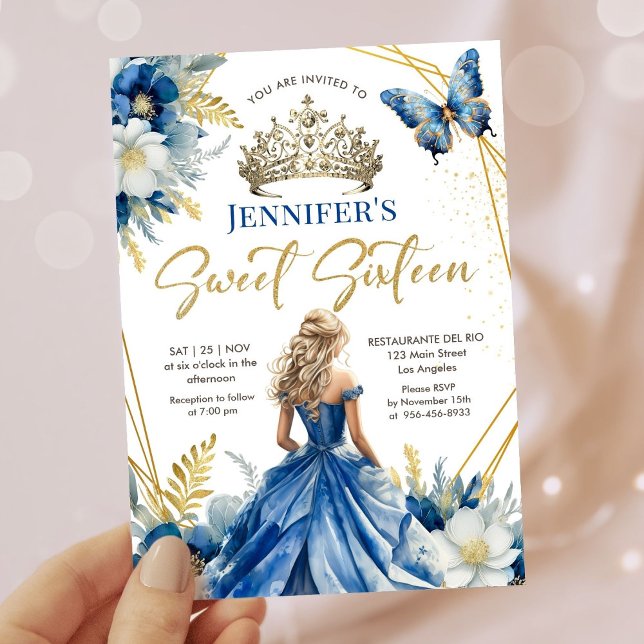 Invitación Royal Blue Gold Princess Tiara Floral Sweet 16 (Subido por el creador)