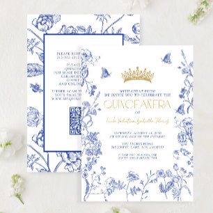 Invitación Royal Blue Gold QR Mariposa Floral Quinceañera