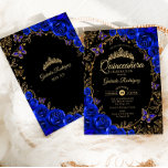 Invitación Royal Blue Gold Quinceanera<br><div class="desc">Invitación a la celebración de Quinceanera azul,  oro y negro. Características,  letra de guión,  mariposas doradas,  rosas de acuarela y tiara. Perfecto para una elegante celebración de glam al estilo de la princesa. Personaliza con tus propios detalles. Invitaciones Zazzle impresas o una plantilla imprimible digital de descarga instantánea.</div>