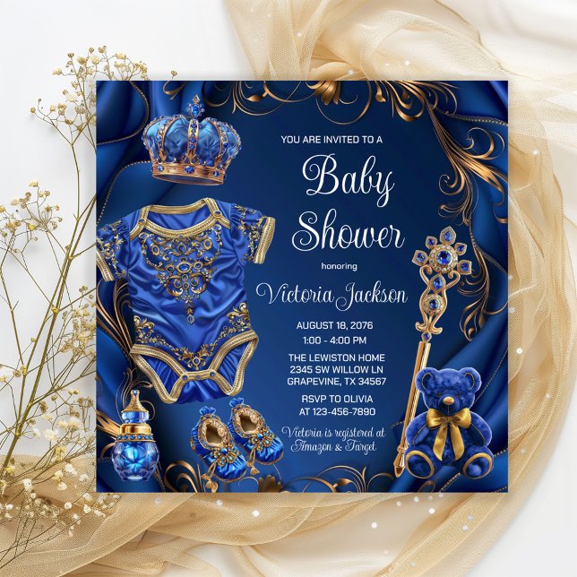 Invitación Royal Blue Gold Regal Prince Baby Shower (Adorable baby prince things on an elegant royal blue and gold background. Fit for a Prince!)