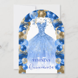 Invitación Royal Blue Gold Sparkke Vestido Balón Quinceañera