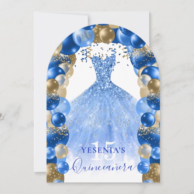 Invitación Royal Blue Gold Sparkke Vestido Balón Quinceañera (Anverso)