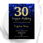 Invitación Royal Blue Gold Surprise Cumpleaños 30<br><div class="desc">Sorpresa 30.ª invitación a la fiesta de cumpleaños. Elegante diseño azul real con falso oro purpurina. Cuenta con diamantes elegantes, luces de bokeh y fuente de guiones. Invitación de cumpleaños de hombres o mujeres. Perfecto para una elegante fiesta de cumpleaños. Personaliza con tus propios detalles. Mándame un mensaje si necesitas...</div>