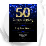 Invitación Royal Blue Gold Surprise Cumpleaños 50<br><div class="desc">Sorpresa 50.ª invitación a la fiesta de cumpleaños. Elegante diseño azul real con falso oro purpurina. Cuenta con diamantes elegantes, luces de bokeh y fuente de guiones. Invitación de cumpleaños de hombres o mujeres. Perfecto para una elegante fiesta de cumpleaños. Personaliza con tus propios detalles. Mándame un mensaje si necesitas...</div>
