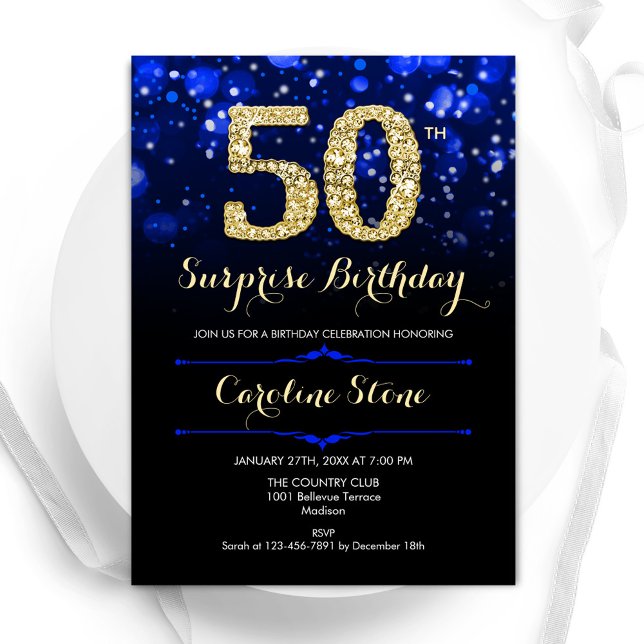 Invitación Royal Blue Gold Surprise Cumpleaños 50 (Subido por el creador)