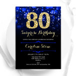 Invitación Royal Blue Gold Surprise Cumpleaños 80<br><div class="desc">Sorpresa 80.ª invitación a la fiesta de cumpleaños. Elegante diseño azul real con falso oro purpurina. Cuenta con diamantes elegantes, luces de bokeh y fuente de guiones. Invitación de cumpleaños de hombres o mujeres. Perfecto para una elegante fiesta de cumpleaños. Personaliza con tus propios detalles. Mándame un mensaje si necesitas...</div>