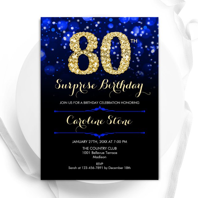 Invitación Royal Blue Gold Surprise Cumpleaños 80 (Subido por el creador)