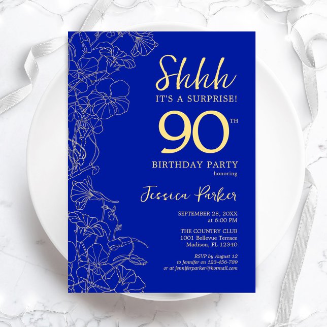 Invitación Royal Blue Gold Surprise Cumpleaños 90 (Subido por el creador)