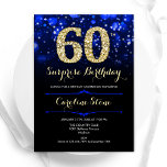 Invitación Royal Blue Gold Surprise Cumpleaños número 60<br><div class="desc">Sorpresa 60.ª invitación a la fiesta de cumpleaños. Elegante diseño azul real con falso oro purpurina. Cuenta con diamantes elegantes, luces de bokeh y fuente de guiones. Invitación de cumpleaños de hombres o mujeres. Perfecto para una elegante fiesta de cumpleaños. Personaliza con tus propios detalles. Mándame un mensaje si necesitas...</div>
