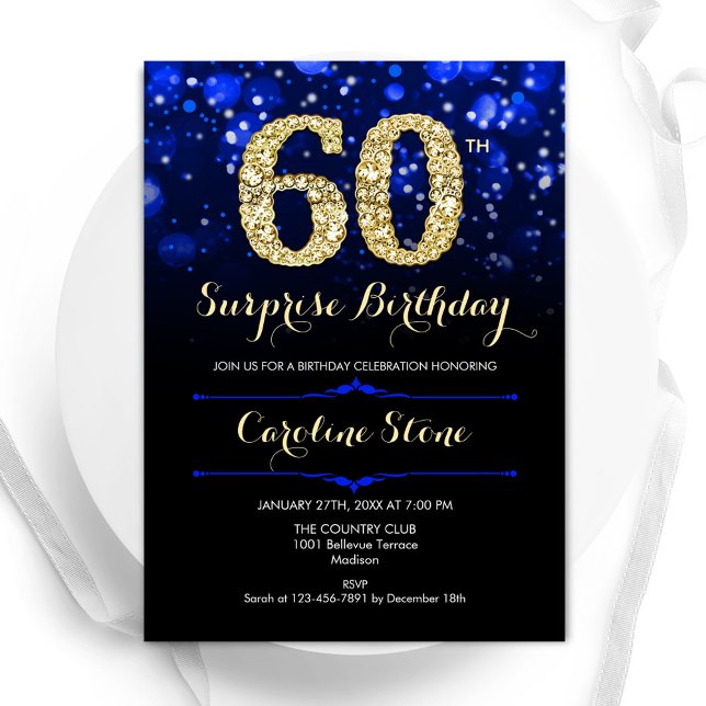 Invitación Royal Blue Gold Surprise Cumpleaños número 60 (Subido por el creador)