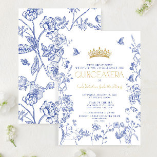 Invitación Royal Blue Gold Tiara Mariposa Floral Quinceañera