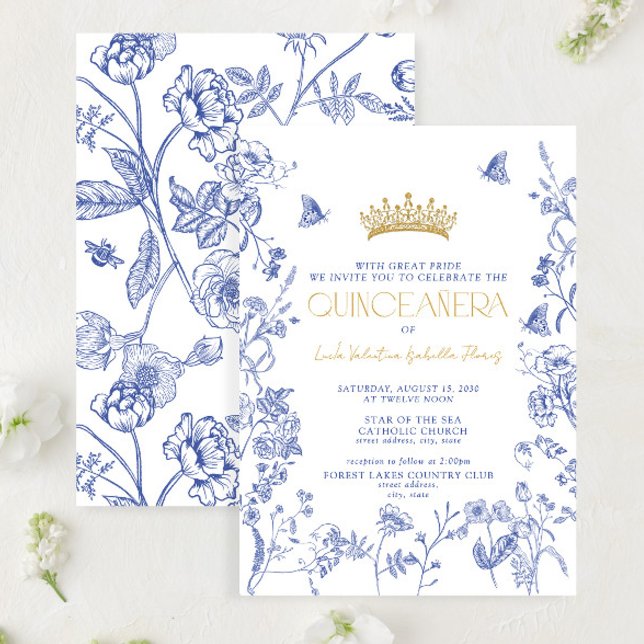 Invitación Royal Blue Gold Tiara Mariposa Floral Quinceañera (Subido por el creador)