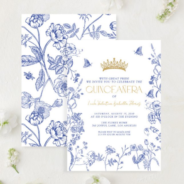 Invitación Royal Blue Gold Tiara Mariposa Floral Quinceañera (Subido por el creador)