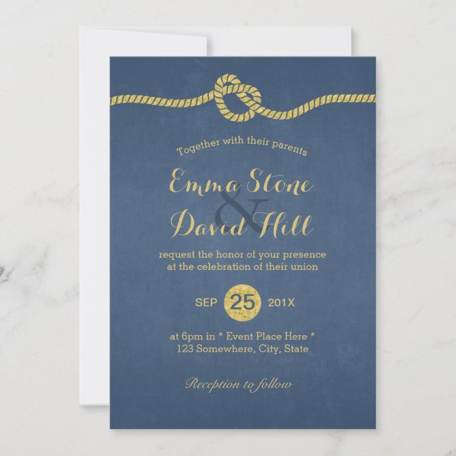 Invitación Royal Blue & Gold Tying the Knot Boda (Anverso)