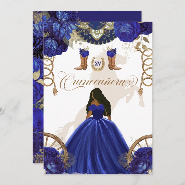 Invitación Royal Blue Gold Western Charro Quinceanera de dos  (Anverso / Reverso)