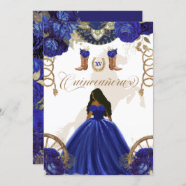 Invitación Royal Blue Gold Western Charro Quinceanera de dos
