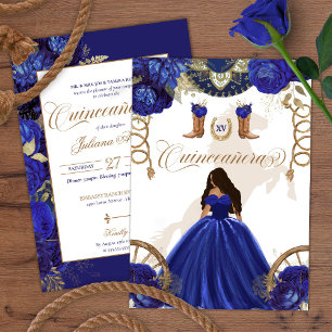 Invitación Royal Blue Gold Western Charro Quinceanera de dos 