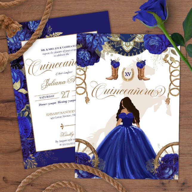Invitación Royal Blue Gold Western Charro Quinceanera de dos  (Subido por el creador)