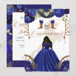 Invitación Royal Blue Gold Western Charro Quinceanera de dos