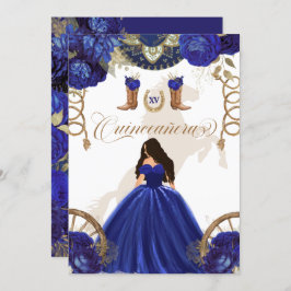 Invitación Royal Blue Gold Western Charro Quinceanera de dos