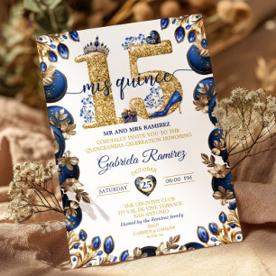 Invitación Royal Blue Golden Mis Quince 15 Quinceañera