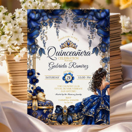 Invitación Royal Blue Golden Tiara Floral  Quinceañera