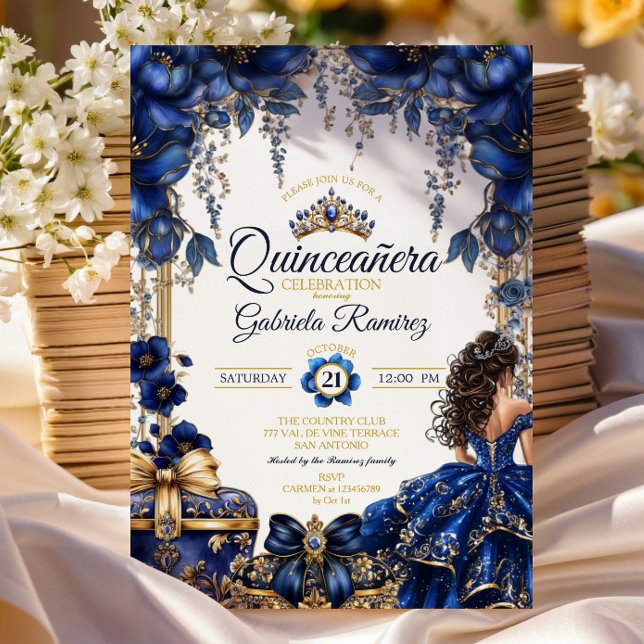 Invitación Royal Blue Golden Tiara Floral  Quinceañera (Subido por el creador)