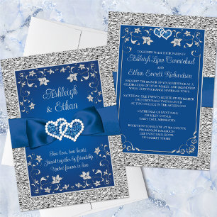 Invitación Royal Blue, Gray Love Hearts Wedting