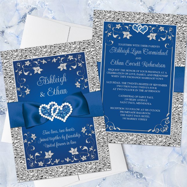 Invitación Royal Blue, Gray Love Hearts Wedting (Romantic Royal Blue and Silver Grey Wedding Invitation with Ribbon, Bow, Joined Hearts (PRINTED ON).)