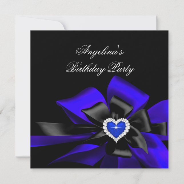 Invitación Royal Blue Heart Black Bow Image Birday Party (Anverso)