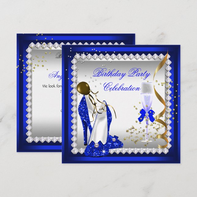 Invitación Royal Blue Heels Gold Champagne fiesta de cumpleañ (Anverso / Reverso)