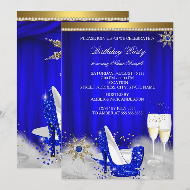 Invitación Royal Blue High Heels Snowflake Gold Champagne (Anverso / Reverso)