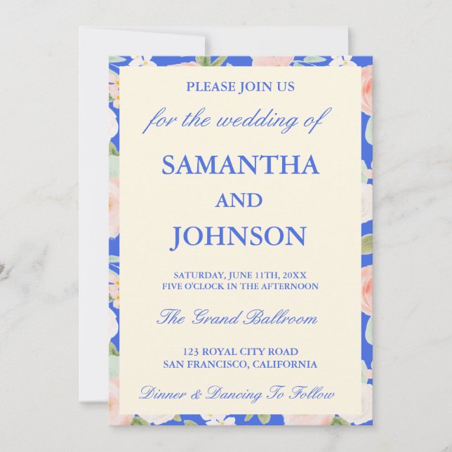 Invitación Royal Blue Ivory Floral Monogram Photo Wedding (Anverso)