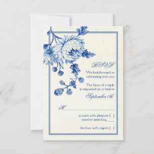 Invitación Royal Blue Ivory Toile Boda Floral RSVP Respuesta