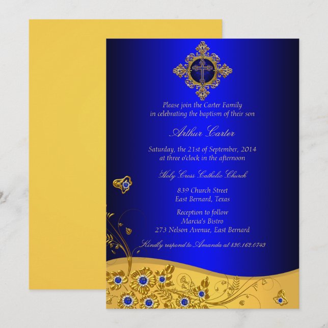 Invitación Royal Blue Jewel Floral & Cross Baptism (Anverso / Reverso)