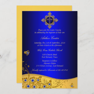 Invitación Royal Blue Jewel Floral & Cross Baptism