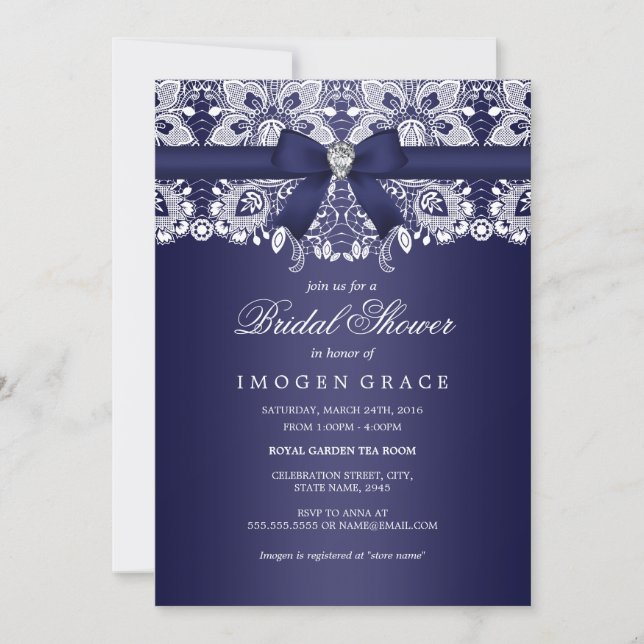 Invitación Royal Blue Lace & Bow Bridal Shower (Anverso)
