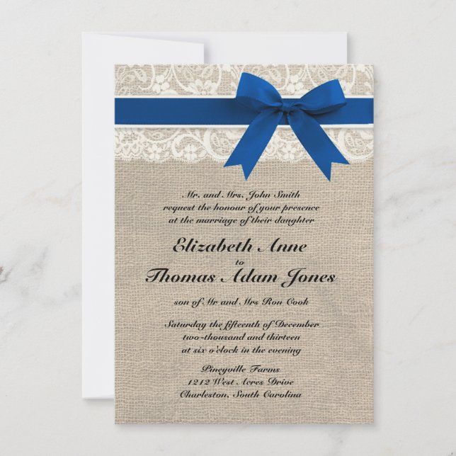 Invitación Royal Blue Lace & Burlap Wedding Invitado 2 (Anverso)