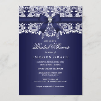 Invitación Royal Blue Lace & Diamond Bow Bridal Shower
