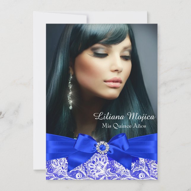 Invitación Royal Blue Lace y Jewel Bow Quinceanera (Anverso)