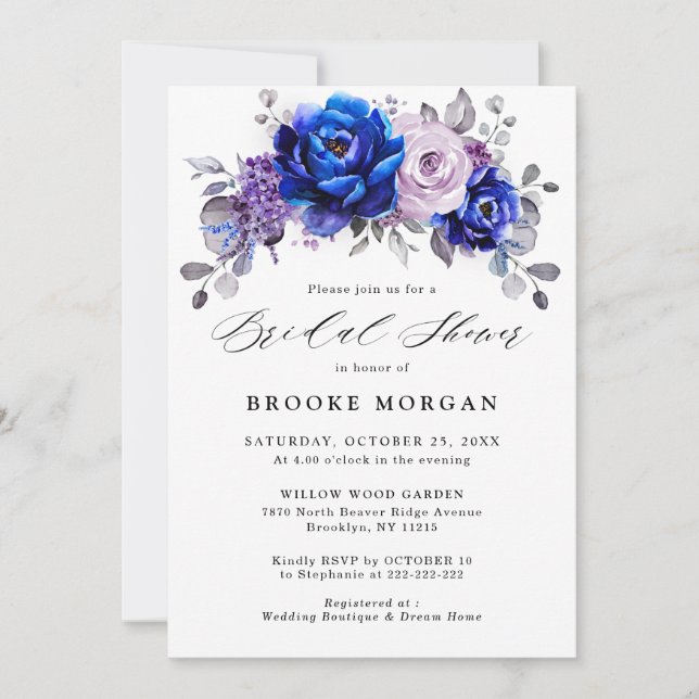 Invitación Royal Blue Lilac Purple Floral Bridal Shower (Anverso)