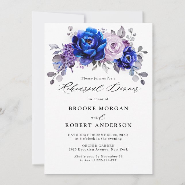 Invitación Royal Blue Lilac Purple Floral Ensayo Cena (Anverso)