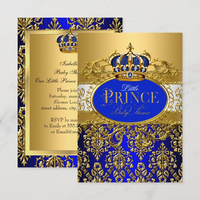 Invitación Royal Blue Little Prince Crown Baby Shower smal (Anverso / Reverso)