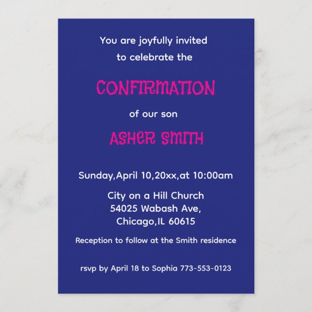 Invitación Royal Blue & Magenta Son's Confirmation Invitation (Anverso)