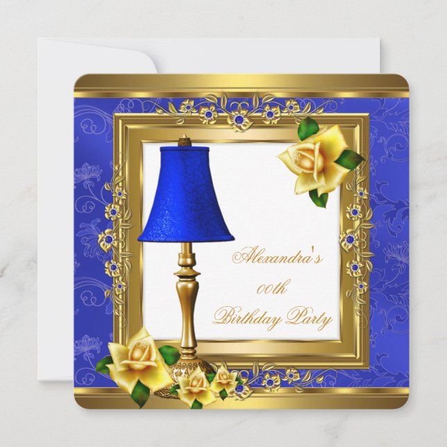 Invitación Royal Blue Pearl Gold Yellow Rose Birday Party (Anverso)