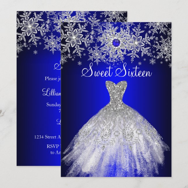 Invitación Royal Blue Pearl Silver Vestido Snowflake Sweet 16 (Anverso / Reverso)