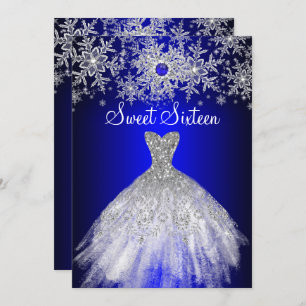 Invitación Royal Blue Pearl Silver Vestido Snowflake Sweet 16