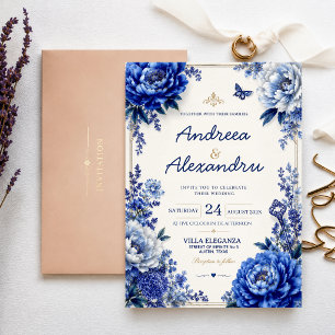 Invitación Royal Blue Peony Luxury Floral Elegant Blue Gold