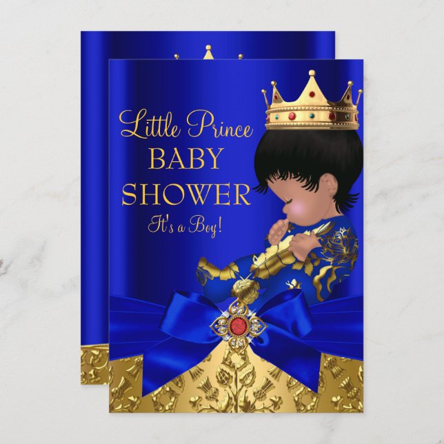Invitación Royal Blue Prince Boy Baby Shower African American (Anverso / Reverso)